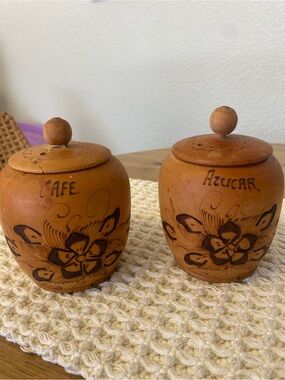 Handcrafted Mexican inspired Wood Canister Set - Cafe & Azucar - Floral Design